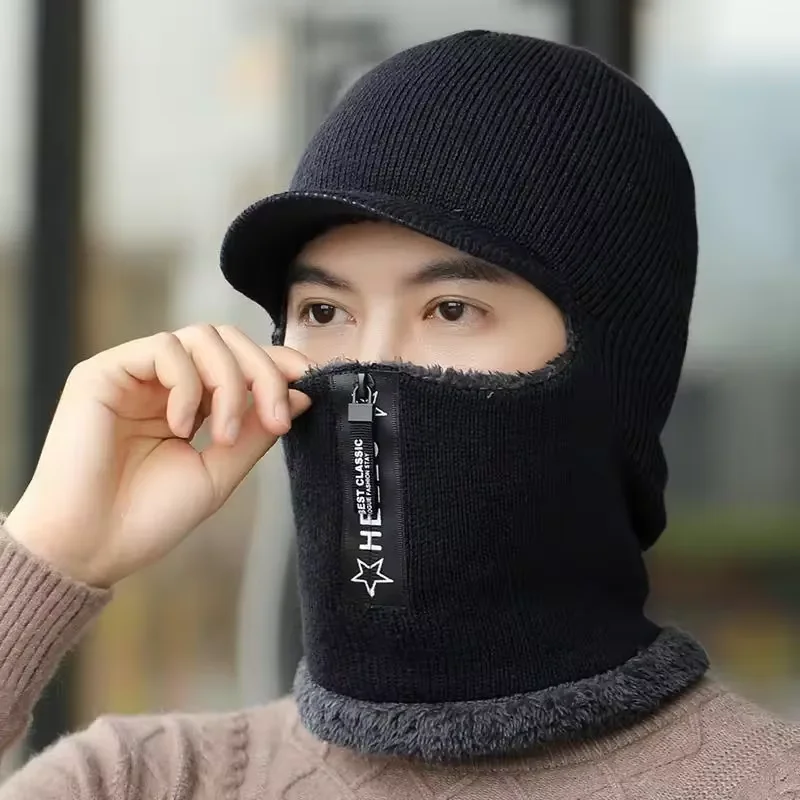 New Men Winter Warm Wool Hat Outdoor Ear Protection Hats Warm Thick Bicycle Knitted Capd Scarf Windproof Visors Cap Tide Gorras