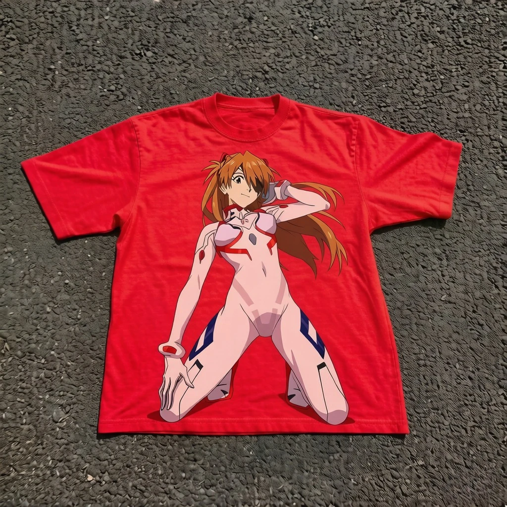 Camiseta Evangelion Asuka Shikinami White Plugsuit con Parche en la Oreja, Camiseta de Algodón Grueso de Manga Corta para Hombre y Mujer, Ropa Drip