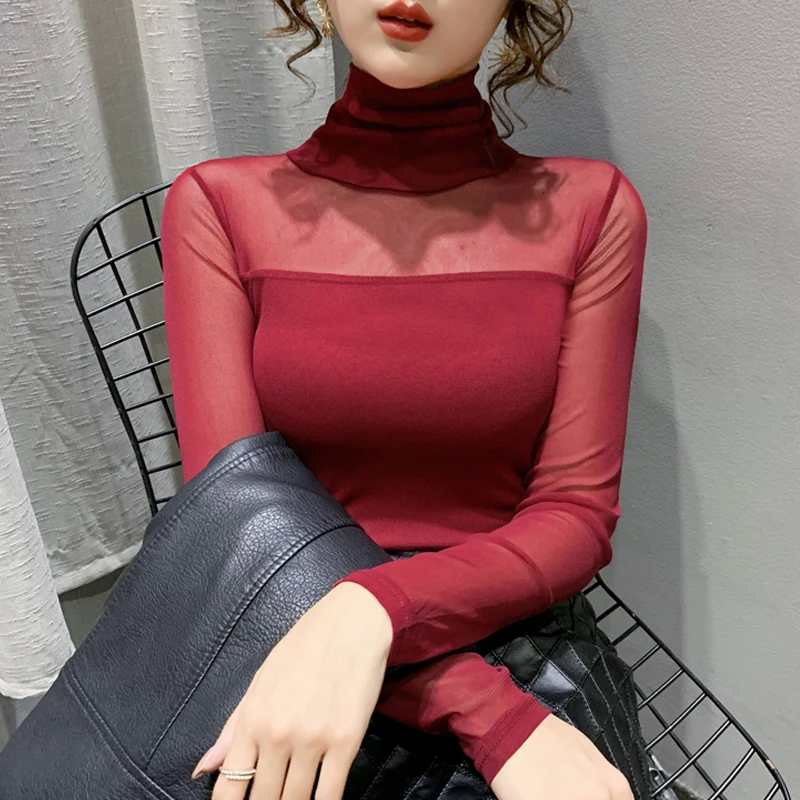 Autumn Winter High Collar T shirt Women Sexy Mesh Bottoming Shirt Long Sleeve Solid Color Slim Fit Long Sleeve Casual Tops