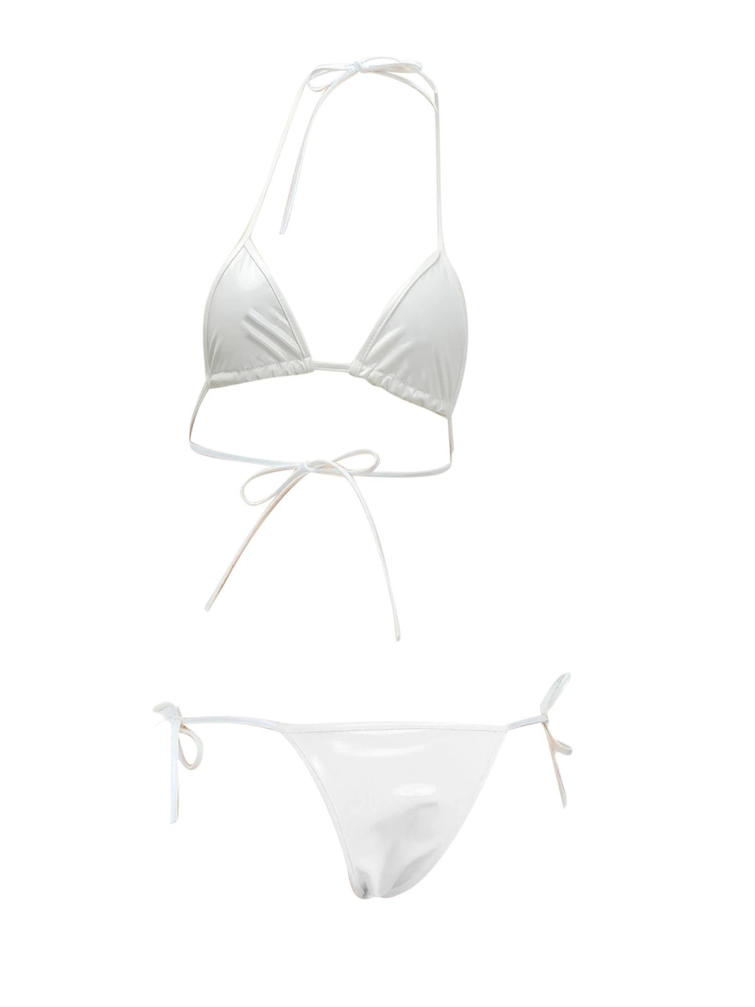 Women PU Leather Bikini Set Swimsuit Triangle Bra with Low Rise Side Tie Thong Briefs for Lingerie Nightwear Pool Beachwear