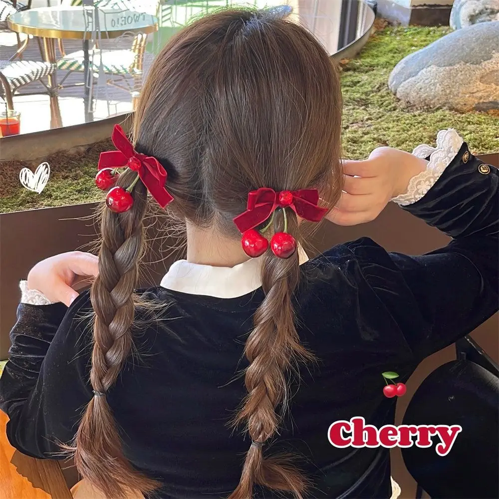 Retro Red Velvet Cherry Hairpin Cloth Side Clip Velvet Bow Hair Clip Barrettes Bowknot Children