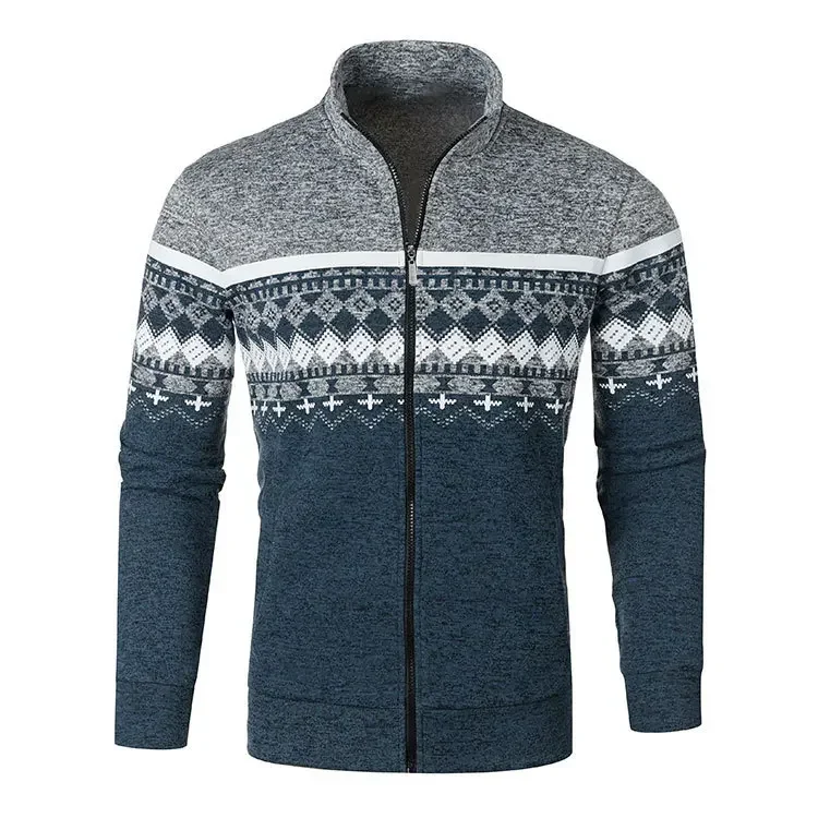 Men\'s Retro Jacquard Knit Cardigan Fashion Warm Zipper Pullover Casual Slim Collar Sweater Coat Men Outwear Street Wear S-3XL