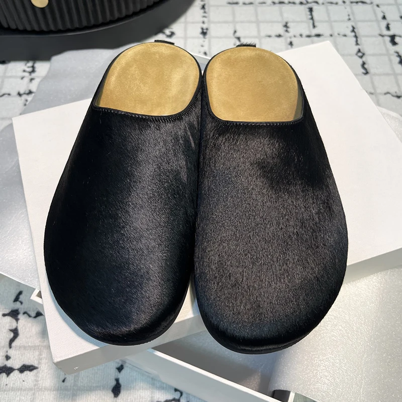 Women Round Wrap Toe Thick Sole Half Slippers Fashion Horsehair Slip on Platform Outside Slides Suede Leather Summer Causal Shoe