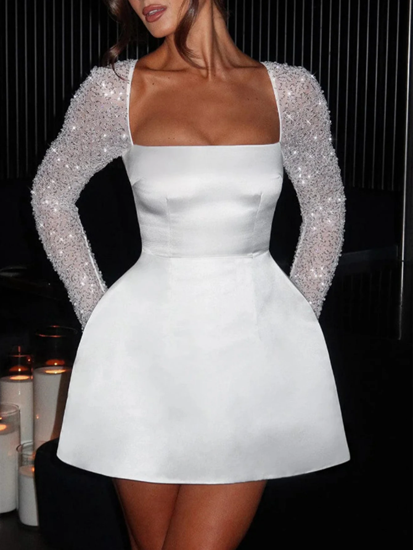 Sexy zwart wit backless zomerjurk vrouwen elegante pailletten lange mouwen feestjurken vrouw mini verjaardag avondjurk vestidos