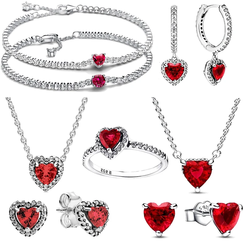 

Hot selling 925 sterling silver sparkling red heart series set, light luxury bracelet earrings DIY original charm jewelry gift