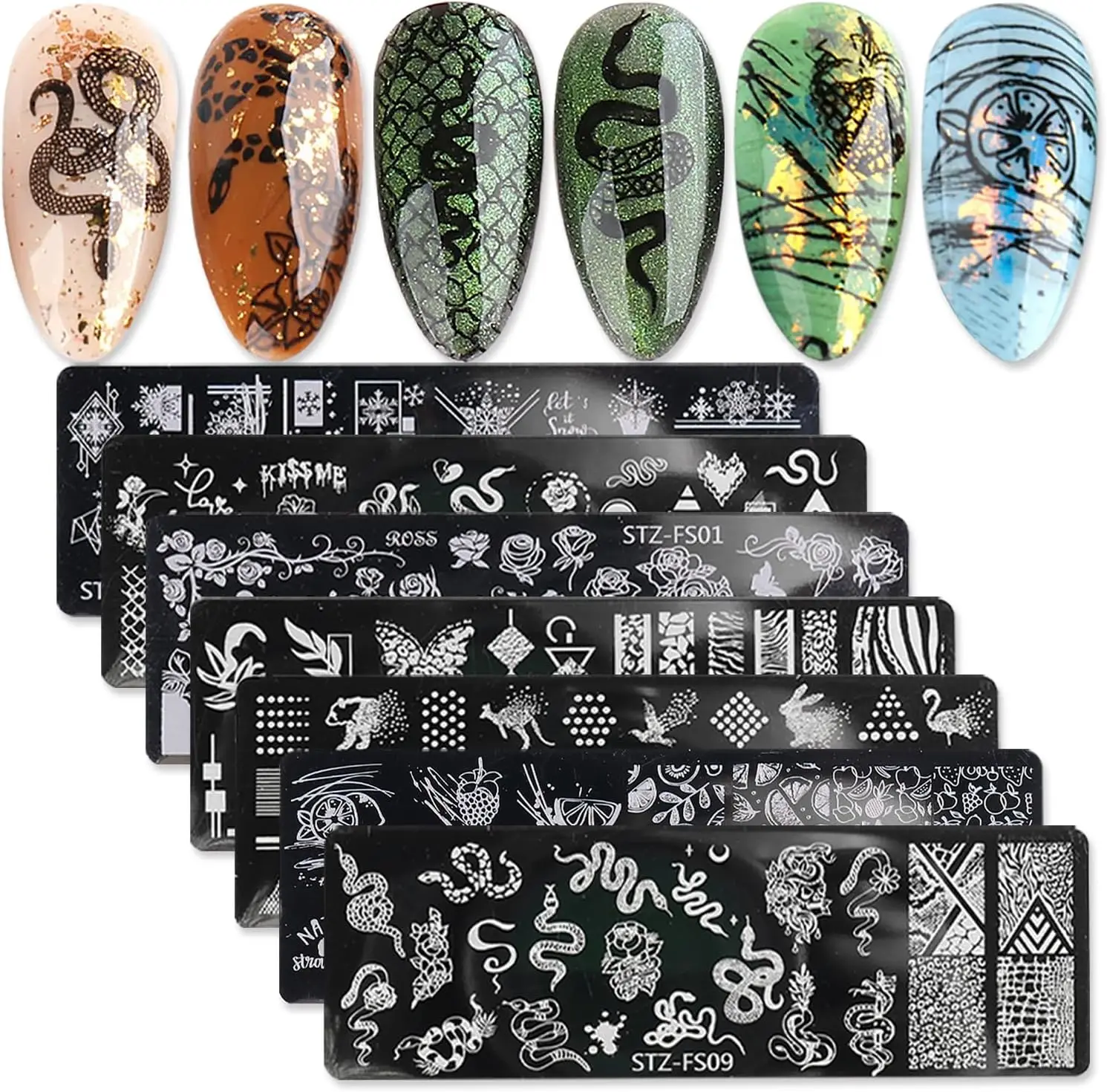 

8pcs Nail Stamping Plates with Rose Fruit Animal Snake Patterns for Women Nail Art Design