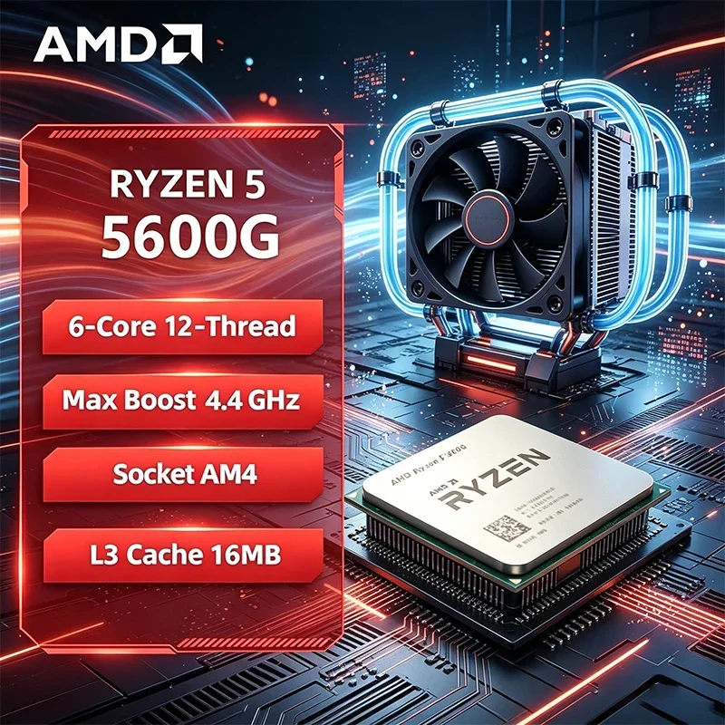 Procesador AMD Ryzen 5 5600G de 6 Núcleos y 12 Subprocesos, 4.4GHz de Velocidad Máxima, Socket AM4, 16MB de Caché L3, CPU de Escritorio Desbloqueada con Gráficos Radeon