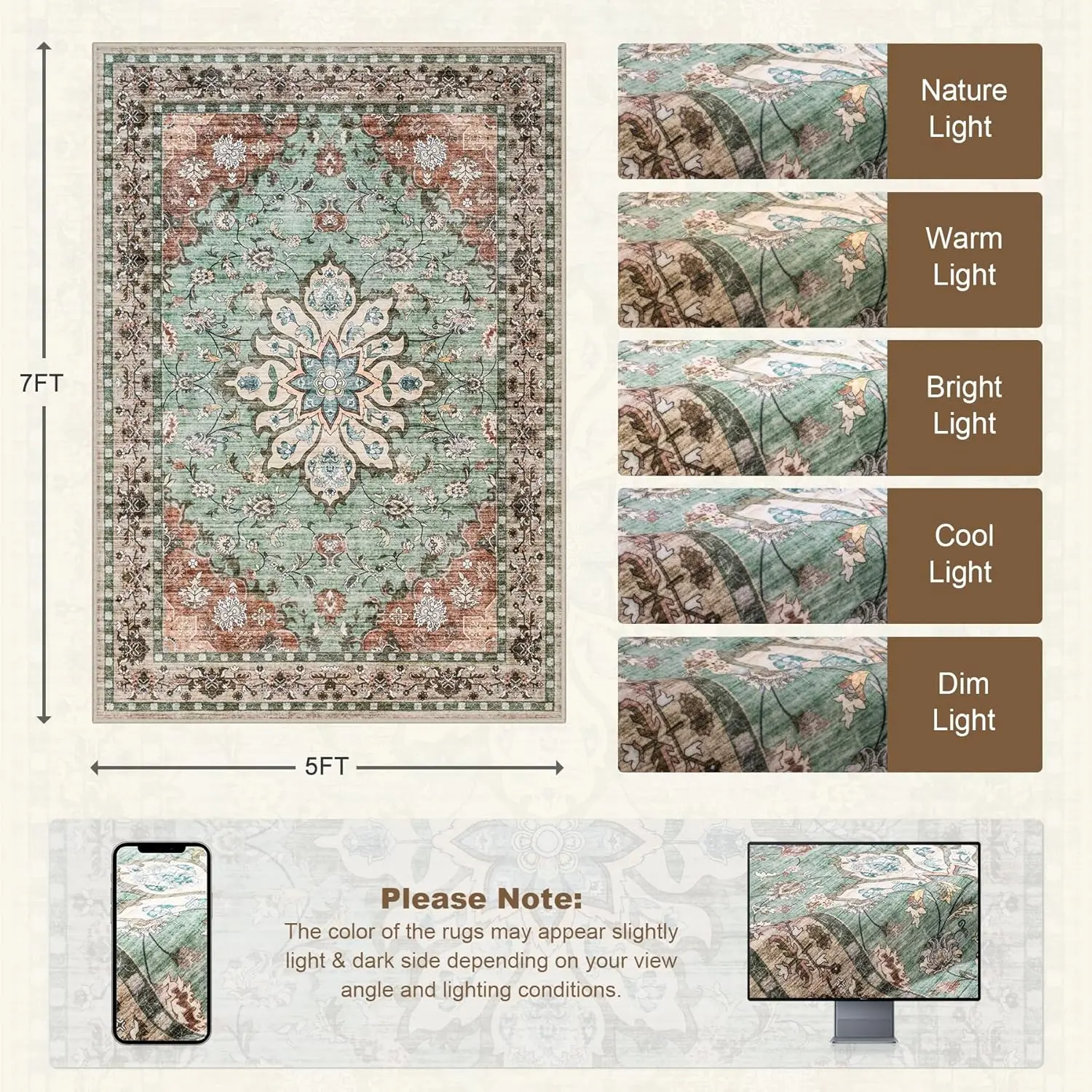 Vintage Blue Medallion Print Area Rug, Distressed Persian Floral Non-Slip Floor Mat for Living Room Bedroom, Elegant Boho Home