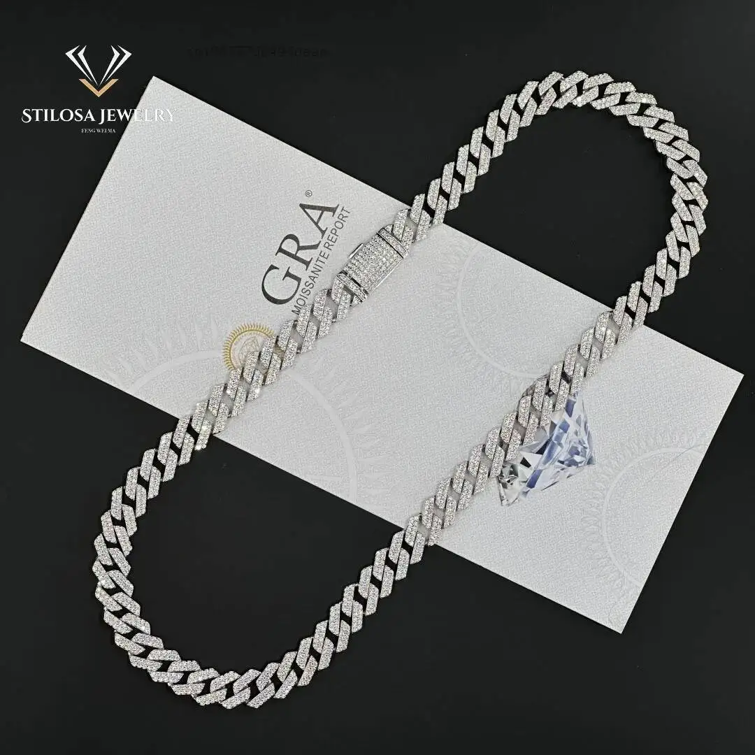 

Ожерелье из муассанита 12 мм, индивидуальный размер 16, 18, 20, 22, 24 дюйма, ювелирные изделия в стиле хип-хоп, кубинская цепочка в Майами, серебряное ожерелье 925 пробы