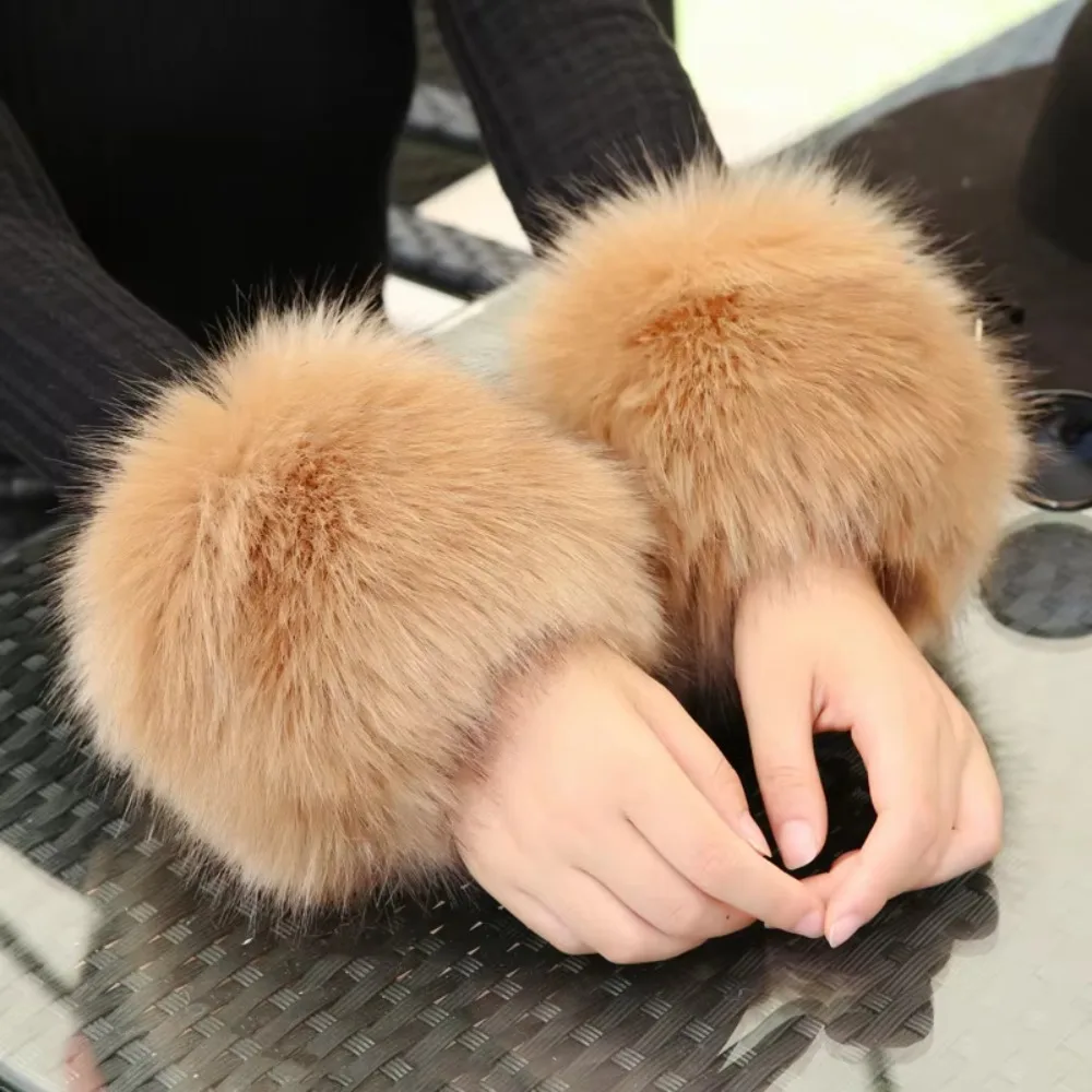 1 Pair Fashion Fluffy Faux Fox Fur Cuffs Detachable Sleeve Soft Arm Warmers Removable Windproof Winter Coat Accessories Women