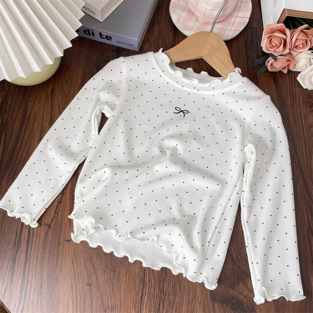 2-10Y Girls' Long Sleeved T-shirt Children's Ruffled Edge Bow Knitted Tops 2026 Autumn New Versatile Base Shirt for Baby Girls