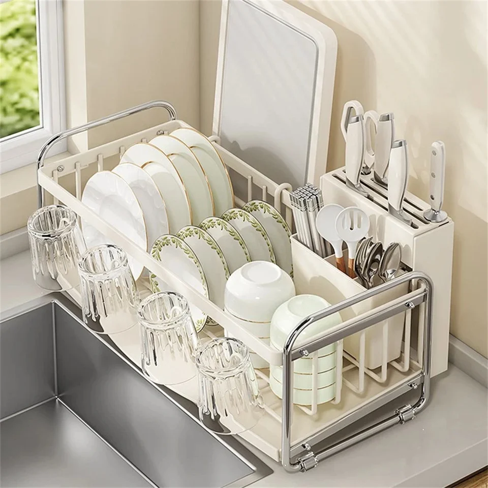 Kitchen Dish Draining Rack with Tray and Cutlery Holder