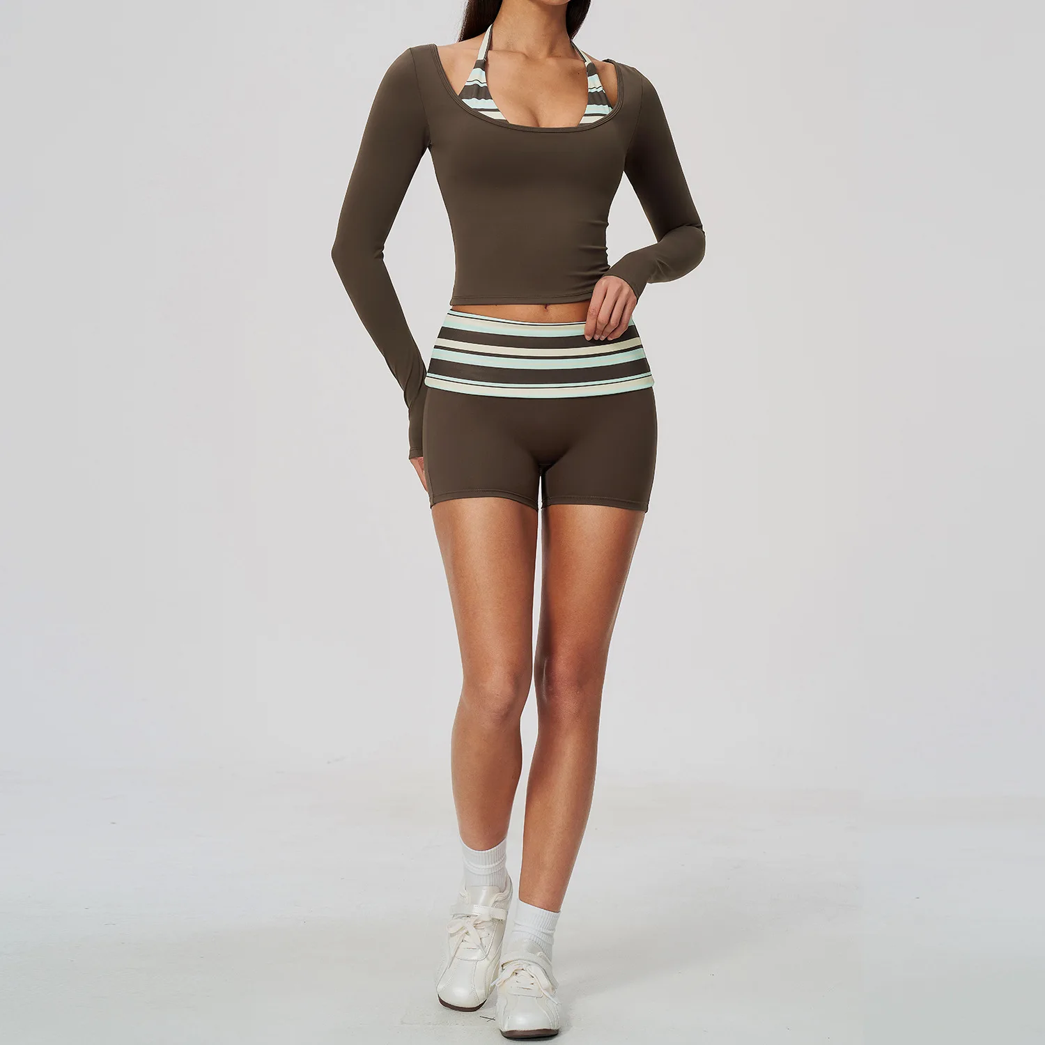 Women 2 Piece Yoga Set Striped Sports Suit Gym Clothing Workout Tracksuit Long Sleeve Slim Fit Pants Shorts Capris Activeweart