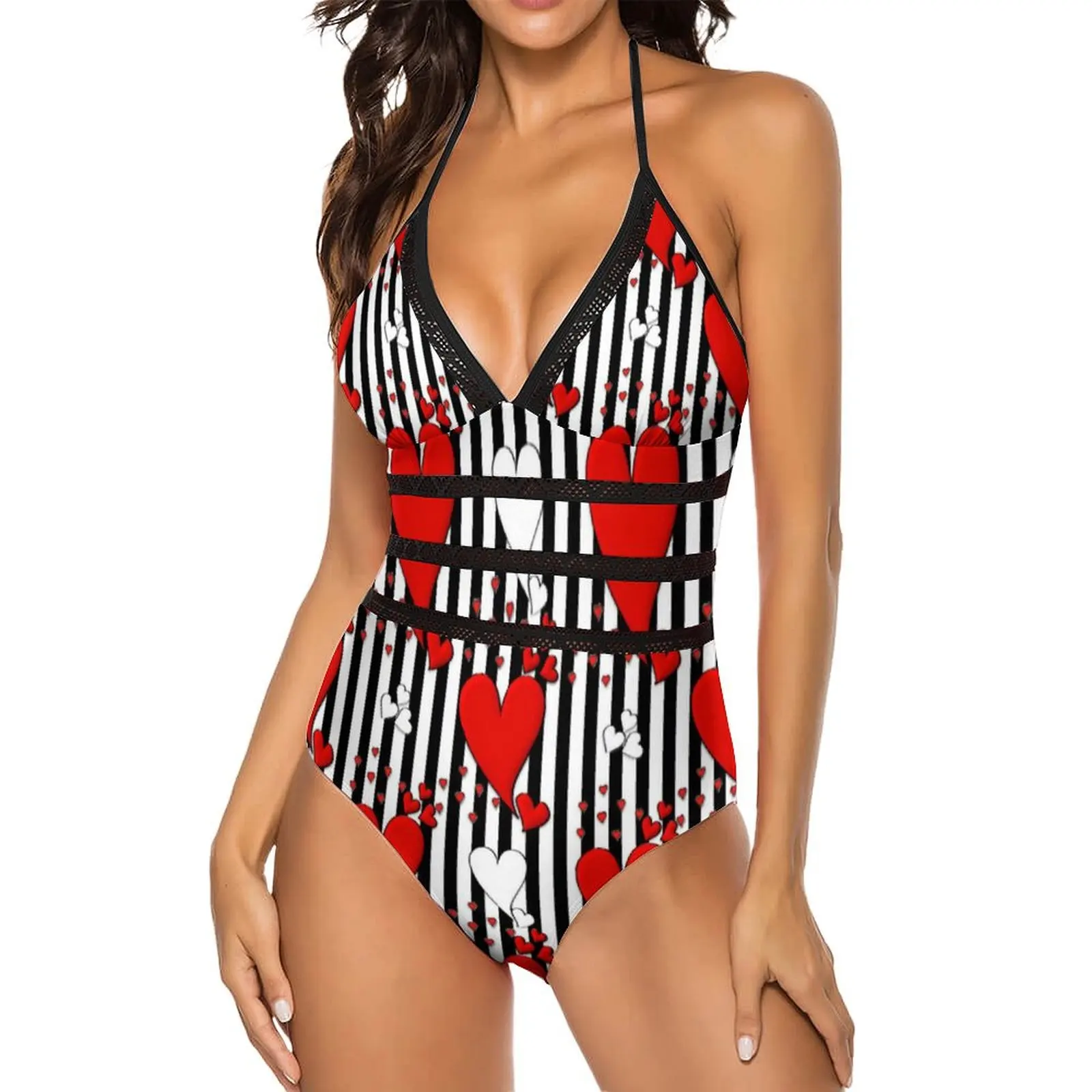 Valentine Heart Print Swimsuit Sexy Black Stripes Lace Up Swimwear One Piece Colorful Swimsuits Sport Push Up Bathing Suit
