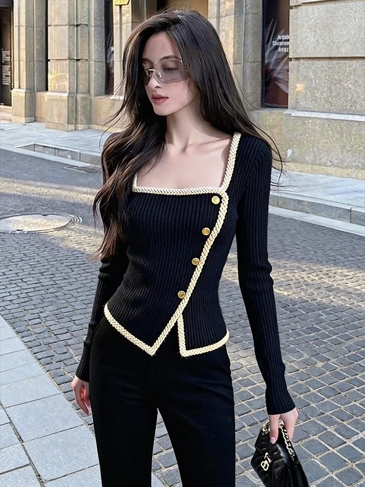 

Корейский модный вязаный кардиган с квадратным воротником на пуговицах для женщин, осенне-зимний, стройнящий, с эффектом высокого класса