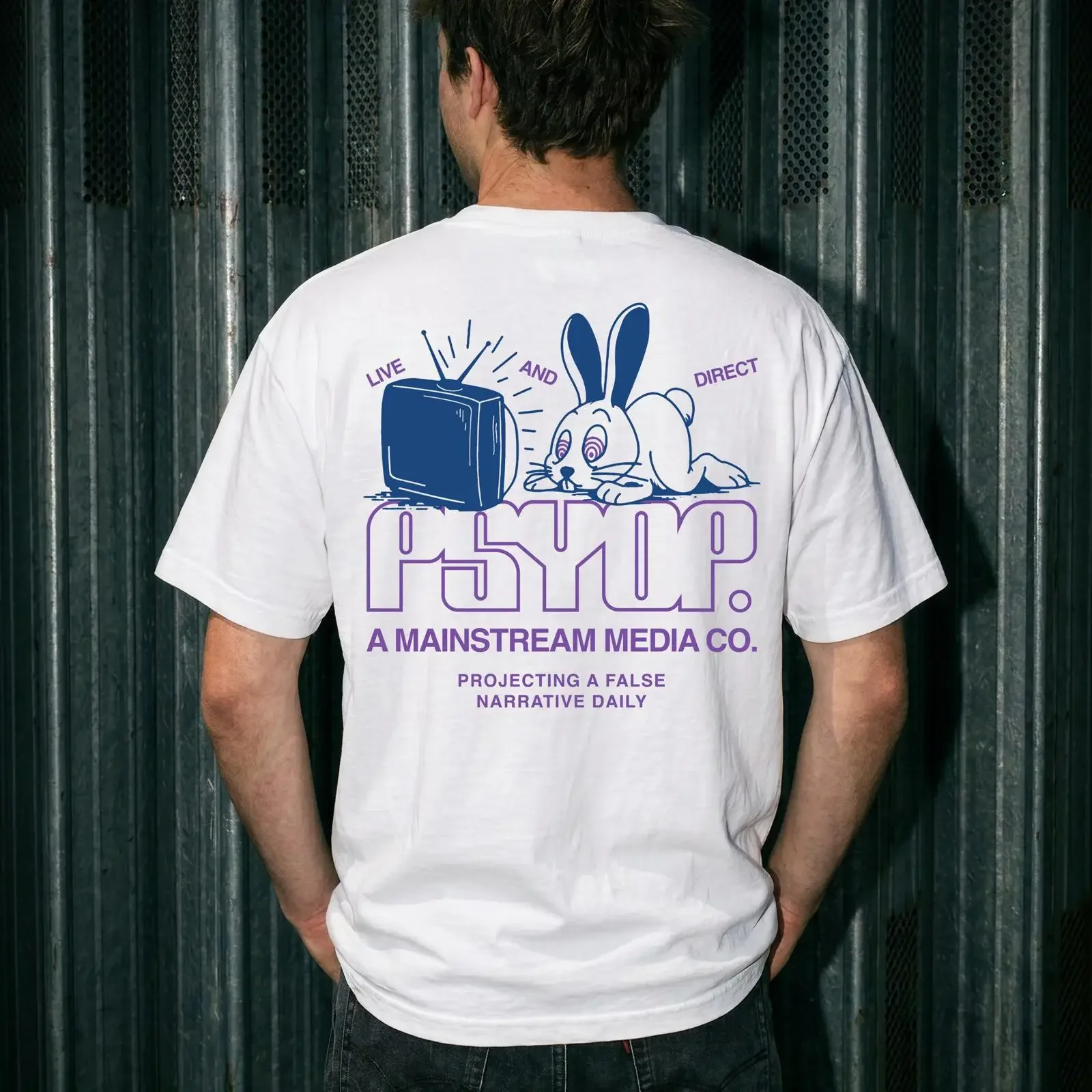 PSYOP Media Satire Bunny TV T Shirt vintage Washed homme Casual fashion Versatile Soft designer clothes Comfortable Stretched