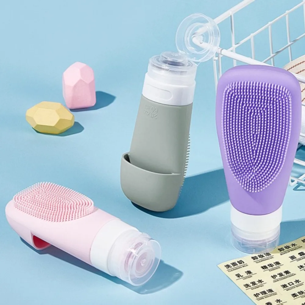 60/90ML Portable Silicone Travel Bottle with Facial Brush Cosmetic Storage Refillable Leakproof Shampoo Container Squeeze Tube