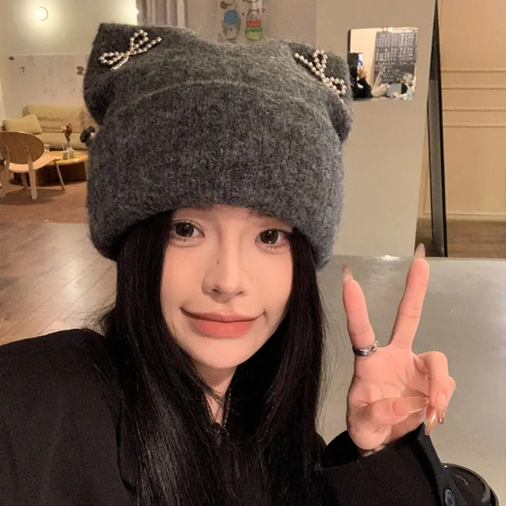 

Harajuku Sweet Cool Cat Ears Beanie Hat Bow Fluffy Knitted Pullover Hat Streetwear Ear Protection Winter Wool Hat Autumn