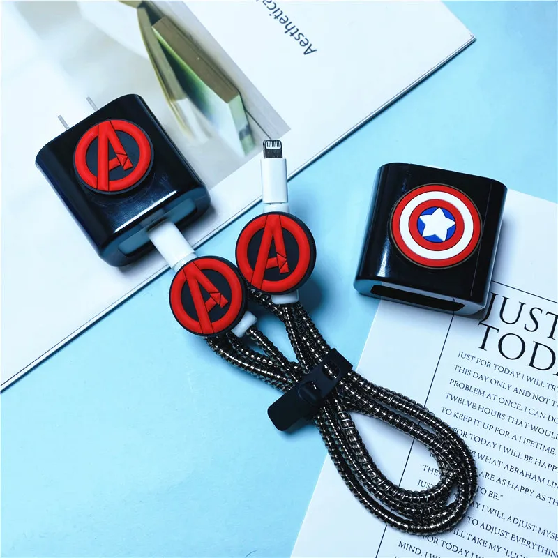 Cartoon Marvel Cable Winder Set For iPhone 11 12 Fast Charging 18/20 W Plug Data Line Charger Protection Sprial Cable Protective