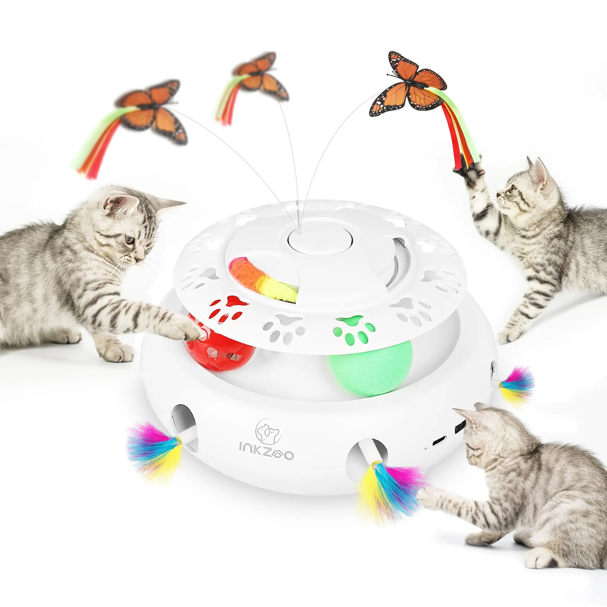 INKZOO 4-in-1 Interactive Cat Toys for Indoor Cats, Automatic 6 Holes Mice Whack-A-Mole, Fluttering Butterfly, Track Balls, USB