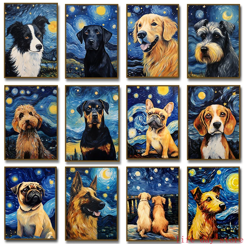 Funny Dogs Starry Night Van Gogh Canvas Painting Abstract Print LabradorFrench Bulldog  Posters Wall Art Pictures Home Decor