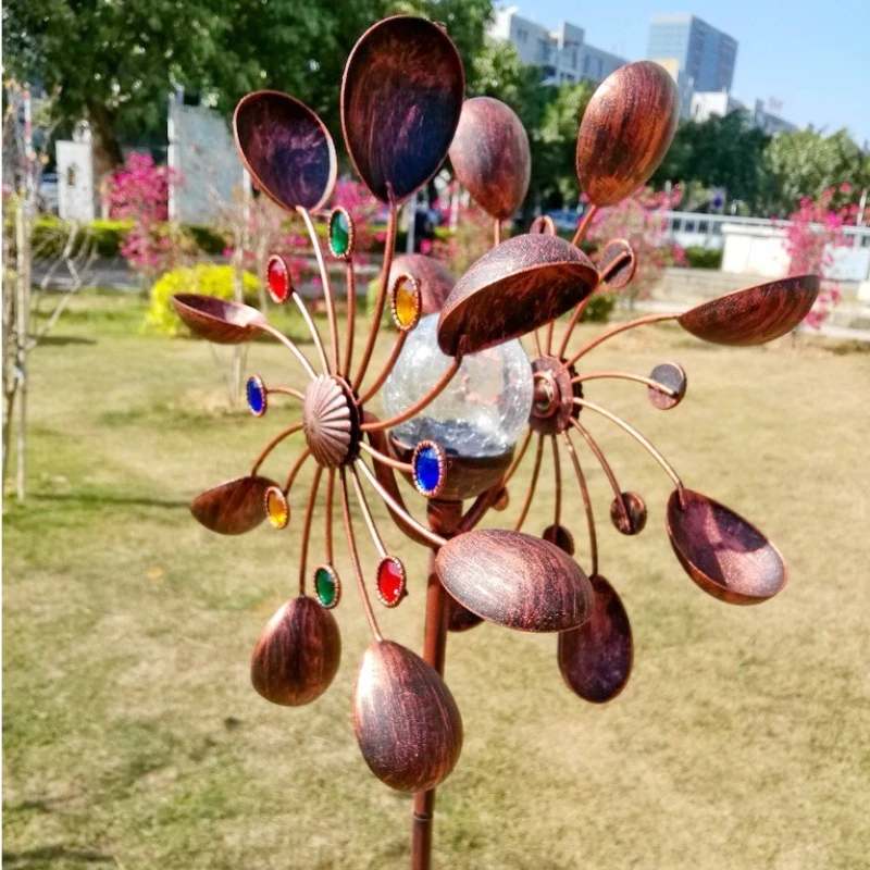 ガーデンソーラーパワー風スピナーガラス鉄風車ソーラーパワー青銅金属アートクラフト庭庭風景装飾