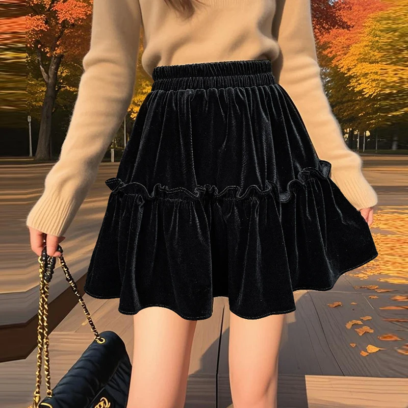 

Black Velvet Pleated Skirt Women Autumn Winter Ruffled Elastic High Waisted Party Short Mini Skirt