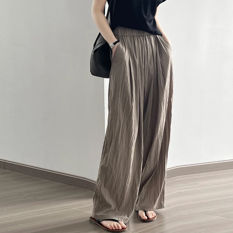 

Johnature Thin Pleated Casual Pants Women 2024 Summer Japanese Lazy Drape Loose Elastic Waist Full Length Wide-leg Long Pants