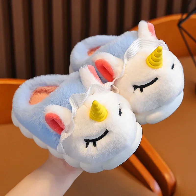 New Winter Kids Cotton Slippers Cartoon Unicorn Children\'s Indoor Slides Non-Slip Platform Girls And Boys Warm Plush House Shoes