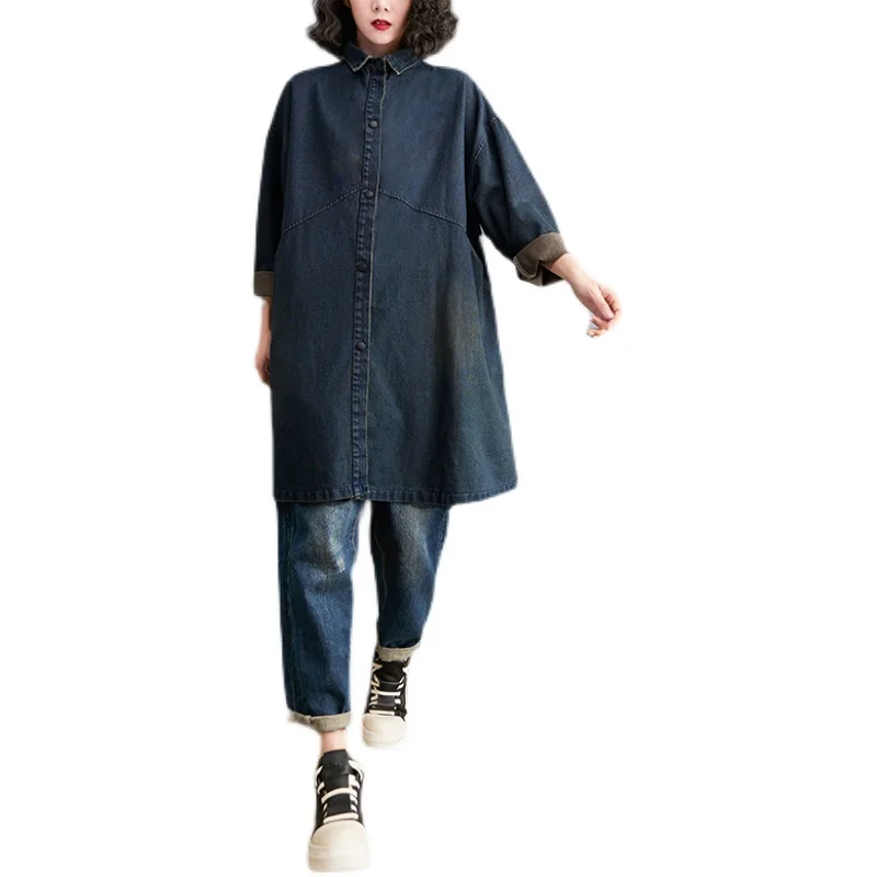 Jaqueta jeans casual solta estilo retro f plus size casaco versátil moda outono outerwear manga crida jaqueta gola ...