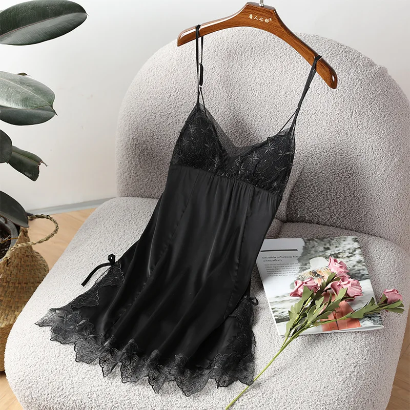 

Black Sleeveless Nightdress Women Sleewpear Nightgown Summer Sexy Lace Mini Suspender Nightwear V-Neck Satin Home Dressing Gown