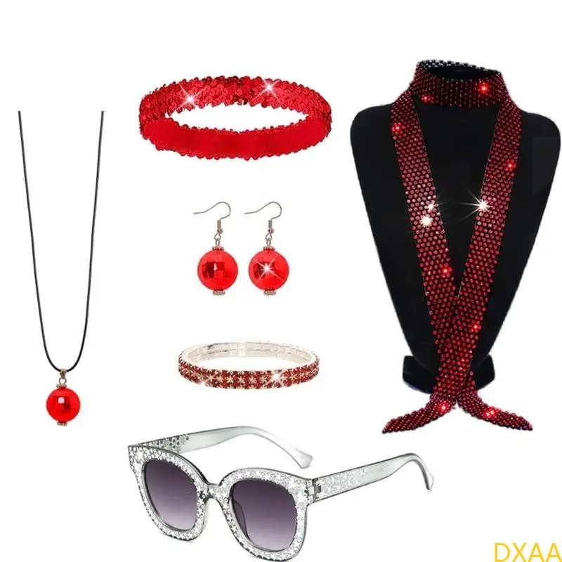 DXAA 60S 70S 80S Disco Accessoires Halloween Kostüm Schmuck Sonnenbrillen Pailletten Kopfbandkugel Ohrringe Neacklace Brabänder