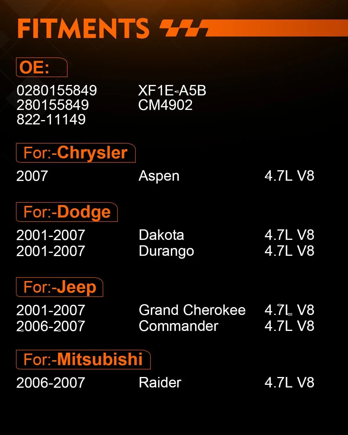 Bilusi 0280155849 4.7L Fuel Injectors For Dodge Dakota Durango For Jeep Grand Cherokee Commander 01-07 For Chrysler Aspen 2007