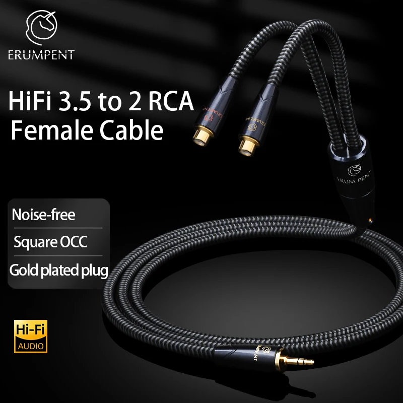 HiFi 3.5 to 2RCA Cable High-end Square OCC Gold Plated Plug Stereo 3.5mm Jack to 2RCA Female Audio Cable for Computer Speaker