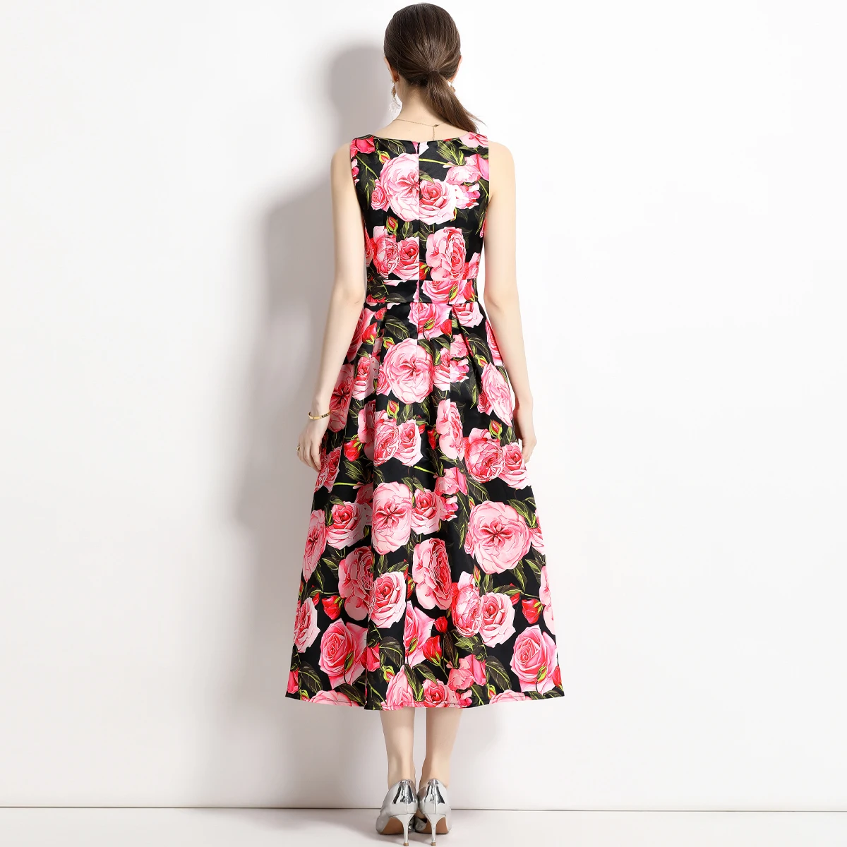 Flashion Flower Print Wmen Vest Midi Dress Elegant O Neck Sleeveless Slim High Waist A Line Party Runway Tank Beach Dress