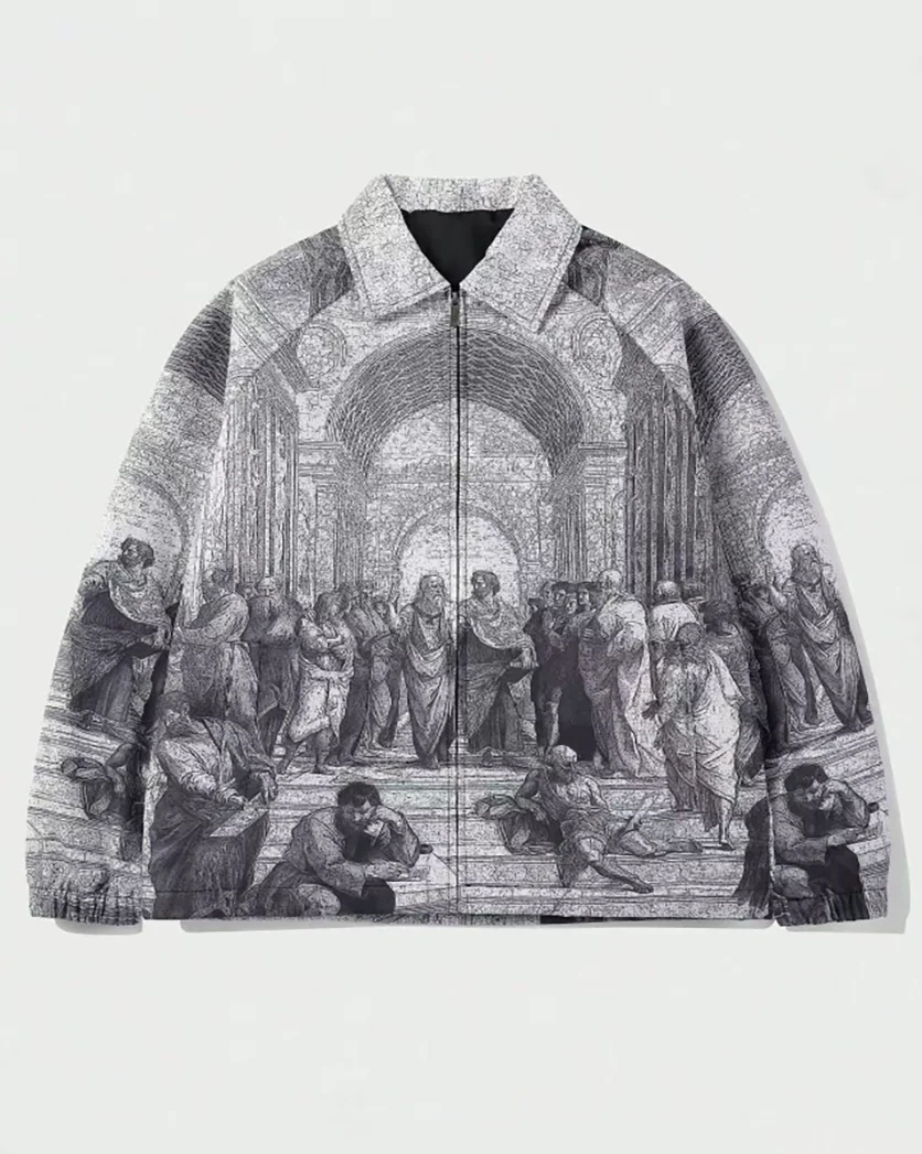 

Повседневная куртка с принтом «Великий зал» на тему масляной живописи, модная куртка с кубинским воротником и полным принтом