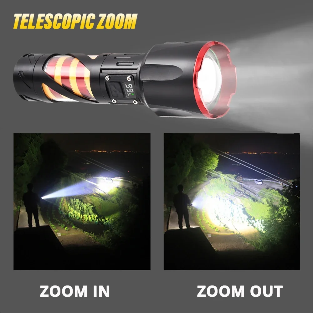 High Lumen LED Flashlight Portable Telescopic Zoom Torch with Side Lights USB Rechargeable Flashlights Outdoor Emergency Light