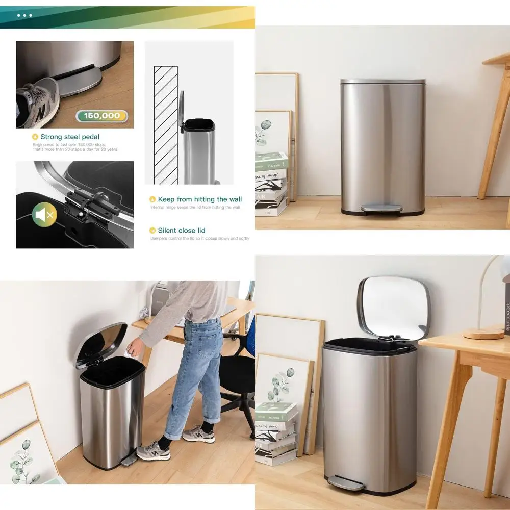 

13 Gallon 50L Kitchen Trash Can with Lid, Brushed Stainless Steel, Touchless Step Bin