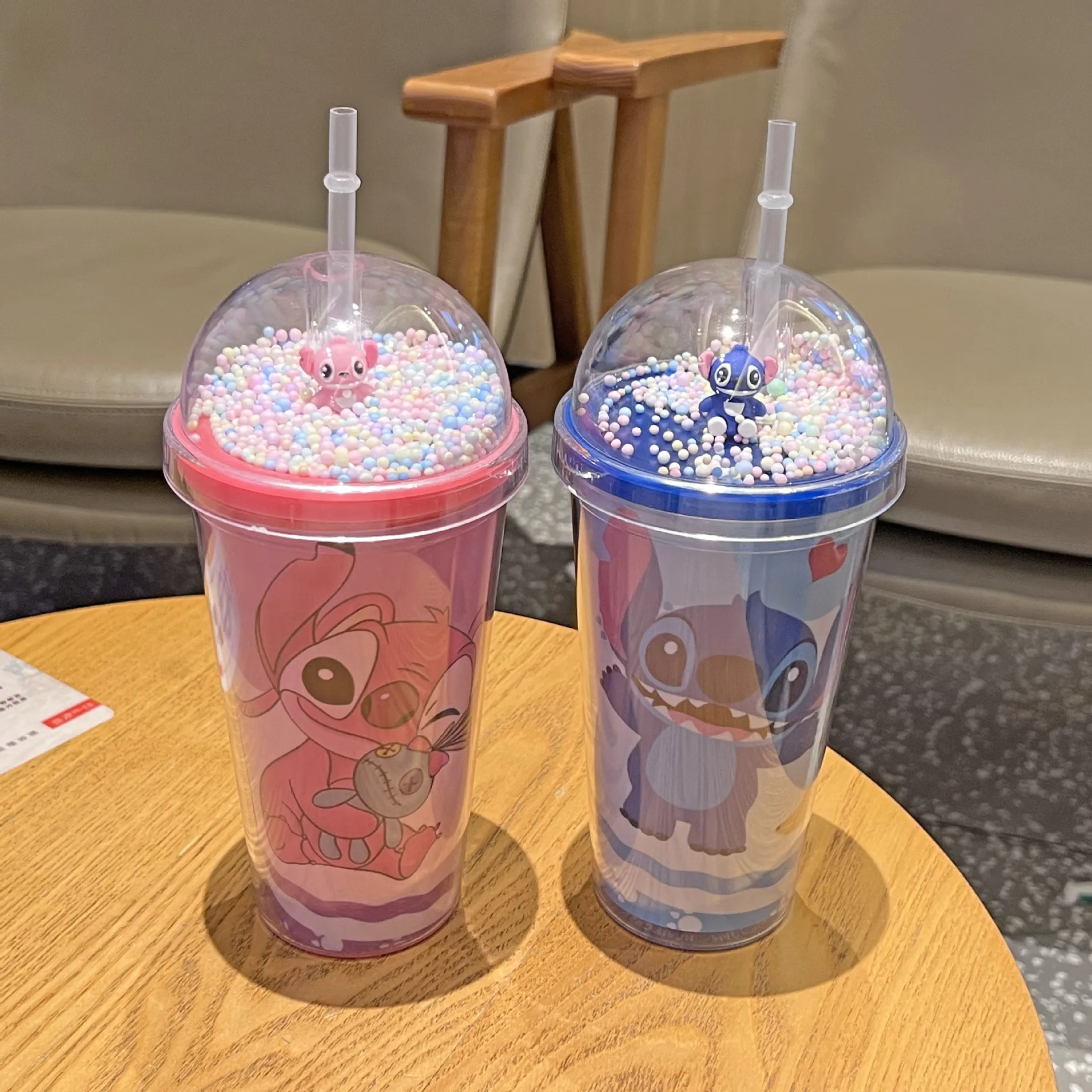 450ML Disney Lilo & Stitch Double Layer Plastic Water Cup With Straw Portable Creative Gift Mug For Milk Coffee Tea Handy Cup