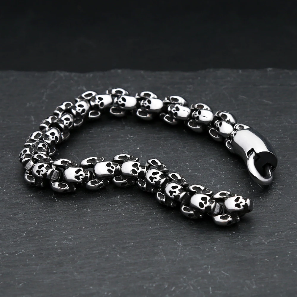 Vintage Gothic Skull Bracelet For Men Stainless Steel Punk Hip Hop Skull Charm Link Chain Bangles Party Jewelry Halloween Gifts