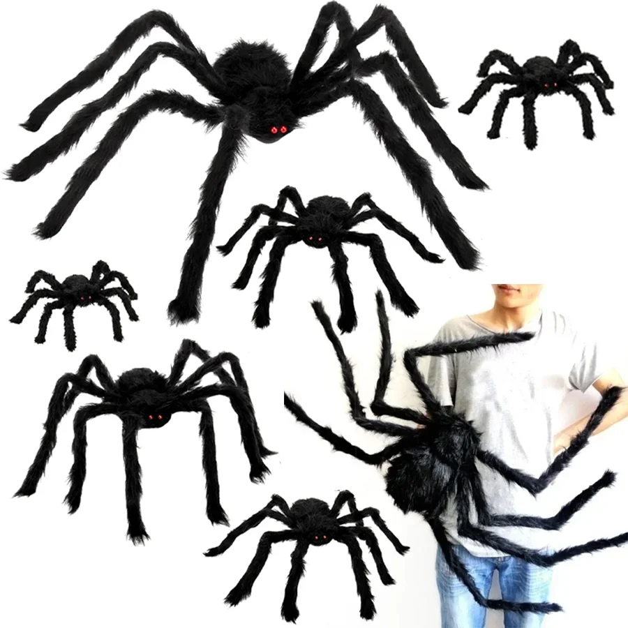 Araña de peluche de Halloween, 30-200 cm, decoración de araña gigante al aire libre, broma de cámara, araña negra, decoración de Halloween de terror, accesorio de fiesta