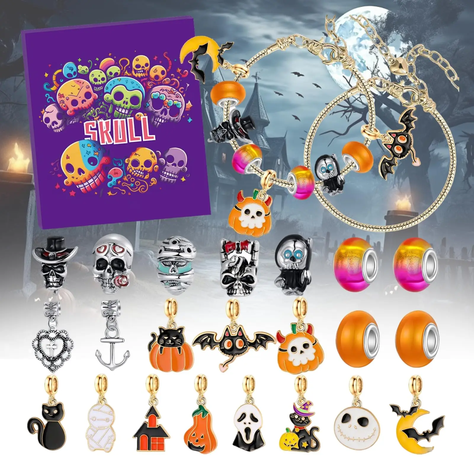 

Halloween Advent Calendar 2025 Halloween Skull DIY Bead Necklace, 22 Jewelry Accessories 24 Day Countdown Calendar Bracelet Set