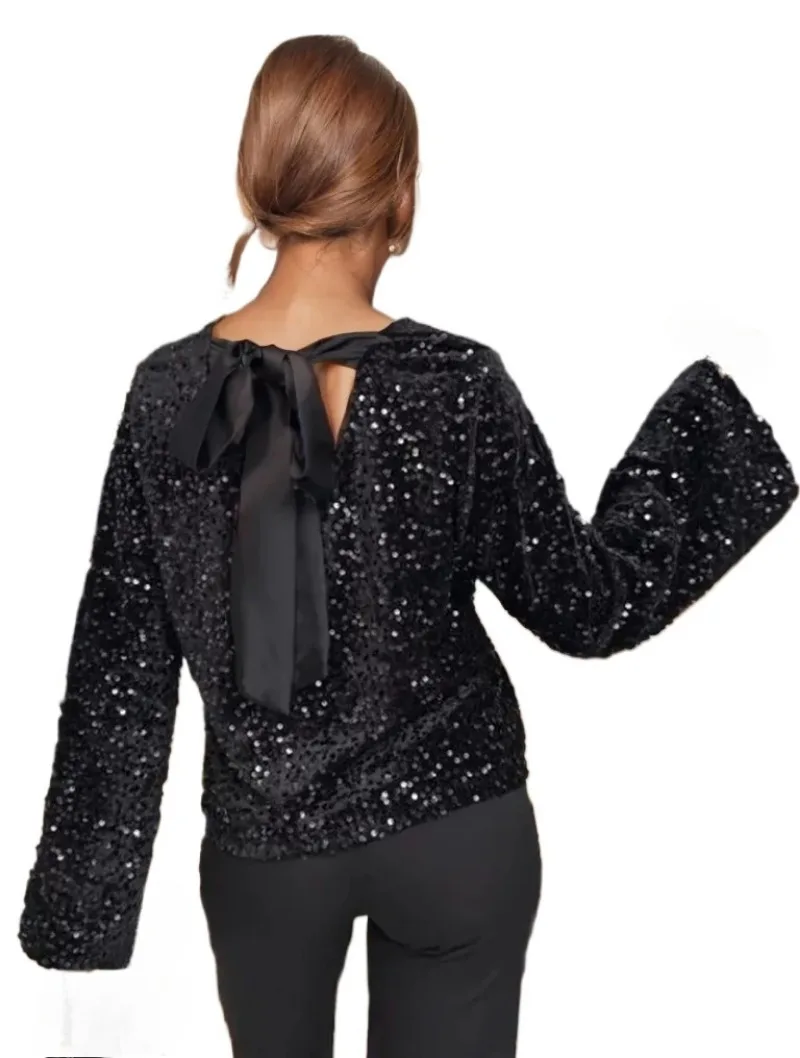 Camicetta da donna a maniche lunghe con lacci senza schienale con paillettes per l'autunno Camicia base sexy da festa girocollo allentata di nuova moda