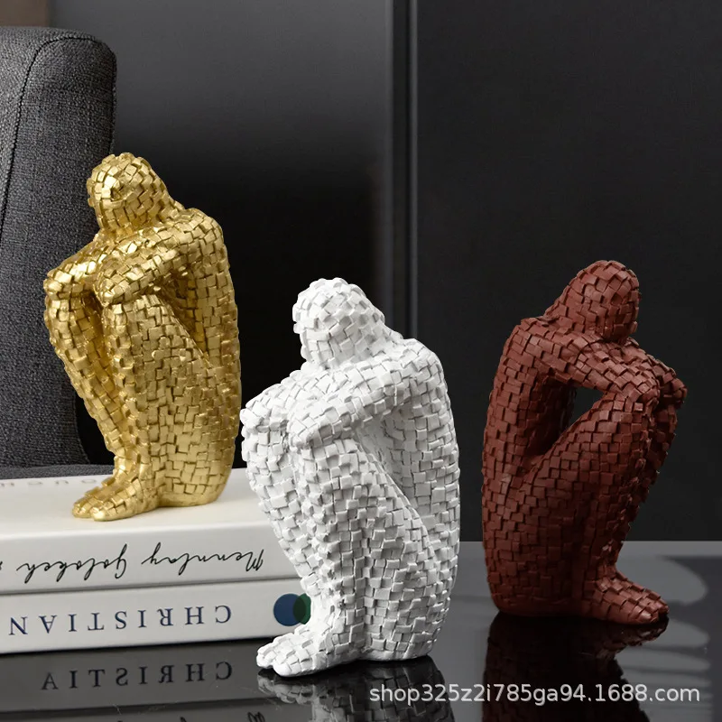 Resin Abstract Figure Statue Mosaic Character Model Sculpture Geometric Uneven Tuck Thinker Golden Man Crafts Ornaments