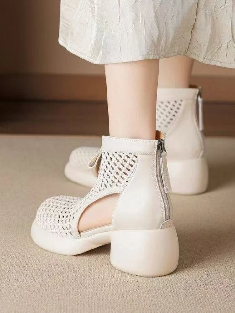 Women's Summer Cut-out Chunky Heel Breathable Sandal Booties, Soft Leather Roman Sandals with Back Zipper,Versatile Casual Shoes
