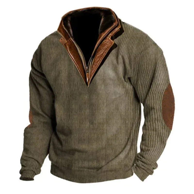 2024 Spring Fashion Sweatshirt For Men Long Sleeve Patchwork Leather Lapel Hoodie Corduroy Sweatshirts Mens Vintage Loose Tops