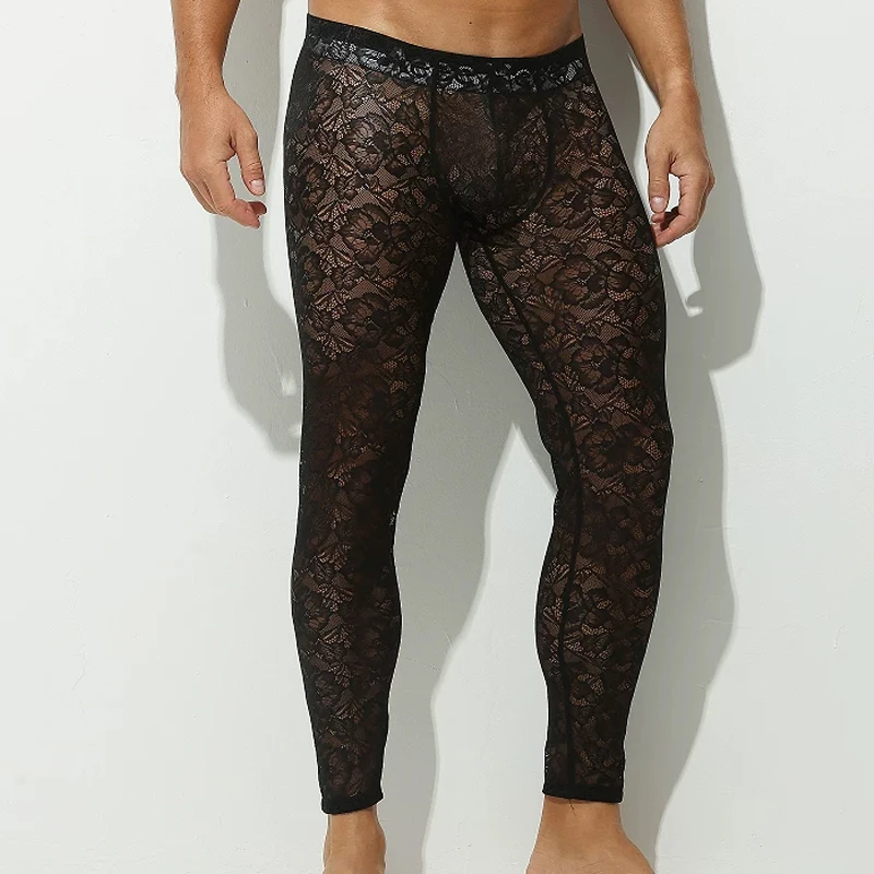 Men's Leggings Tight Ultra-thin Elastic Ice Silk Transparent Fitness Pants Sexy Lace Hollow Out Low-Waist Sheer Long Johns