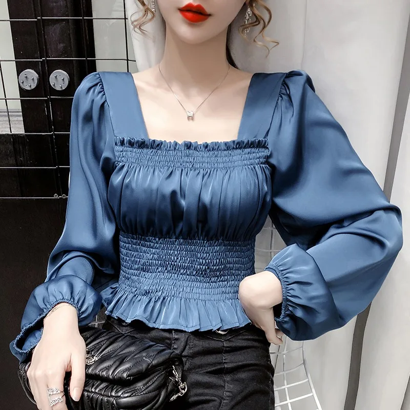 

Autumn Satin Silk Shirt Vintage Ruched Shirring Blouse Women French Gothic Lady Long Sleeve Female Palace Victorian Lolita Shirt