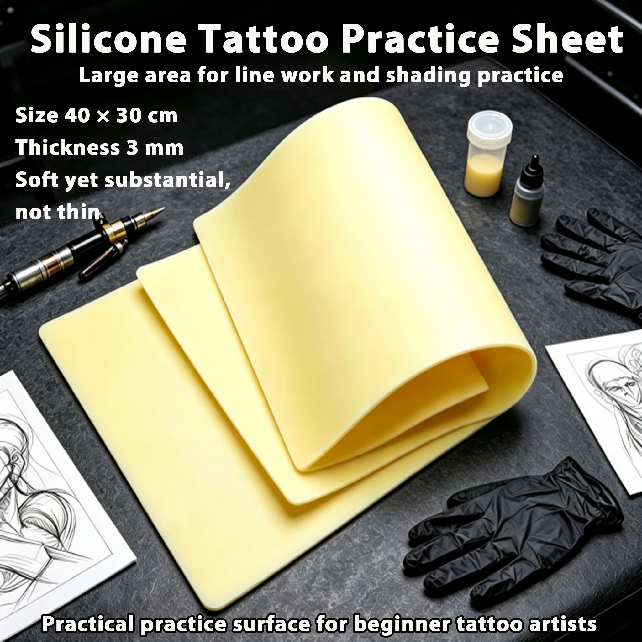 40×30cm 3mm Thick Yellow Tattoo Practice Skin Soft Flexible Silicone Fake Skin for Full Sleeve Lining Shading Beginner Tattoo