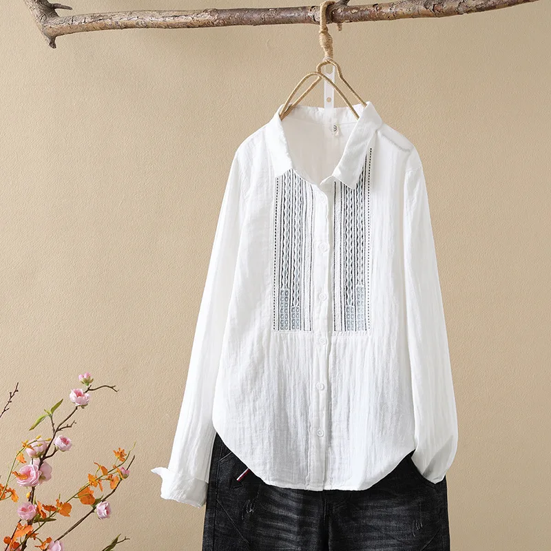 Cotton Yarn Ethnic Shirts Women Autumn Spring Handmade Embroidery Blouses Long Sleeve Tops Soft Skin-Friendly Autumn Base Shirt